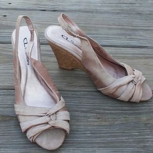 CL by Laundry fabric tan cork wedge heels
